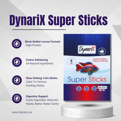 DynariX Super Sticks Fish Food – 1mm Sinking Sticks – Black Soldier Fly Larvae & Krill – High-Protein, Sustainable Formula 250g (8.82oz) 799975506807 Super Cichlids