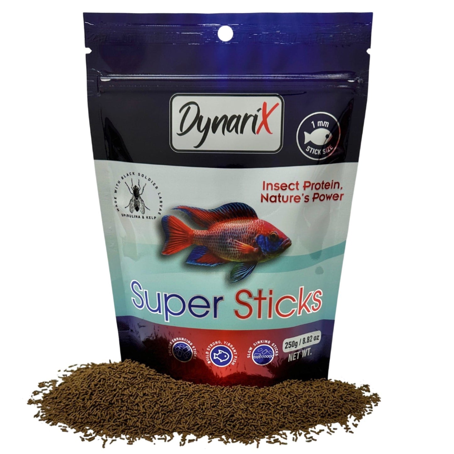 DynariX Super Sticks Fish Food – 1mm Sinking Sticks – Black Soldier Fly Larvae & Krill – High-Protein, Sustainable Formula 250g (8.82oz) 799975506807 Super Cichlids