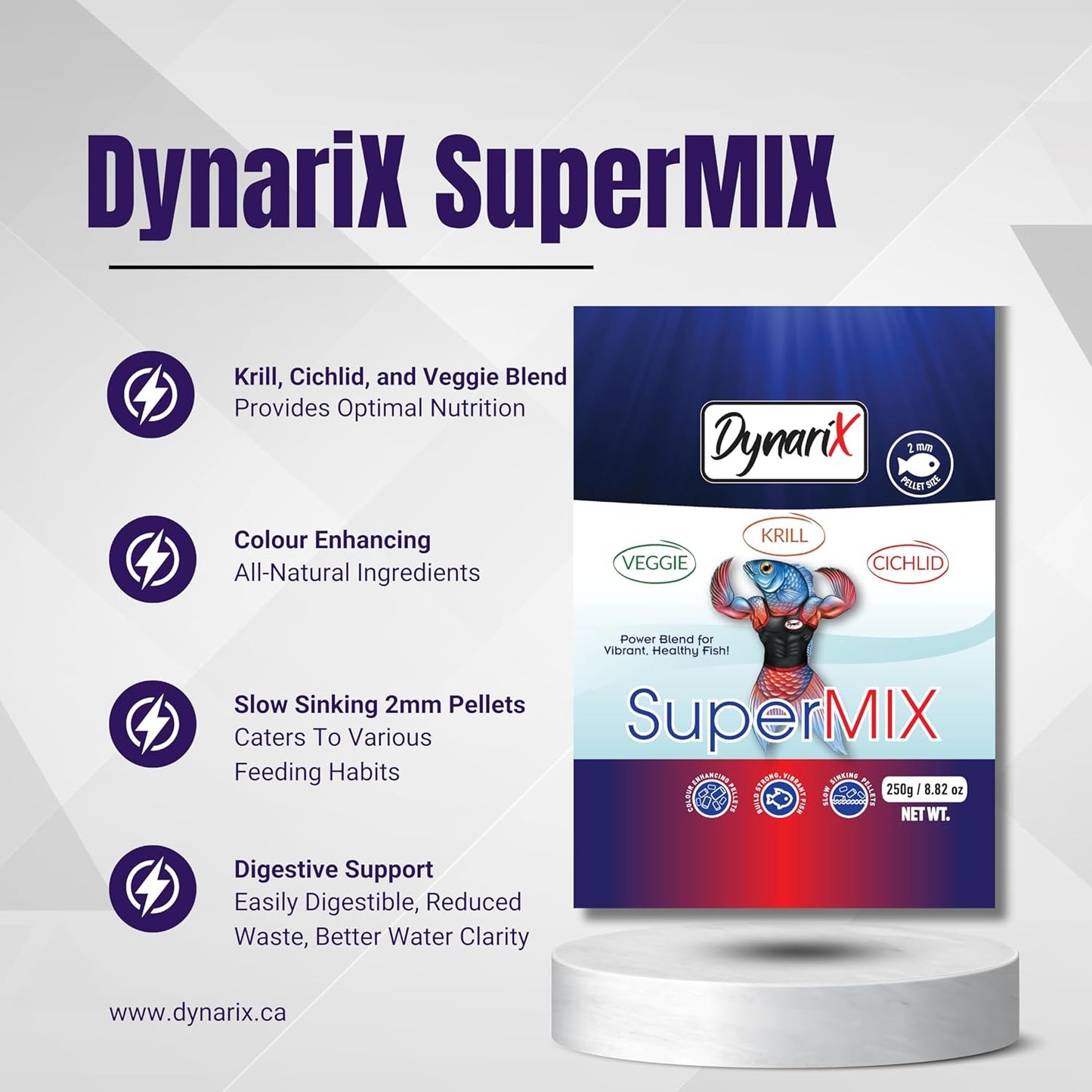 DynariX SuperMIX Fish Food – 2mm Sinking Pellets (Krill-Cichlid-Veggie) – High-Protein – For Cichlids, Oscars, Angelfish & More 250g (8.82 oz) 799975506678 Super Cichlids