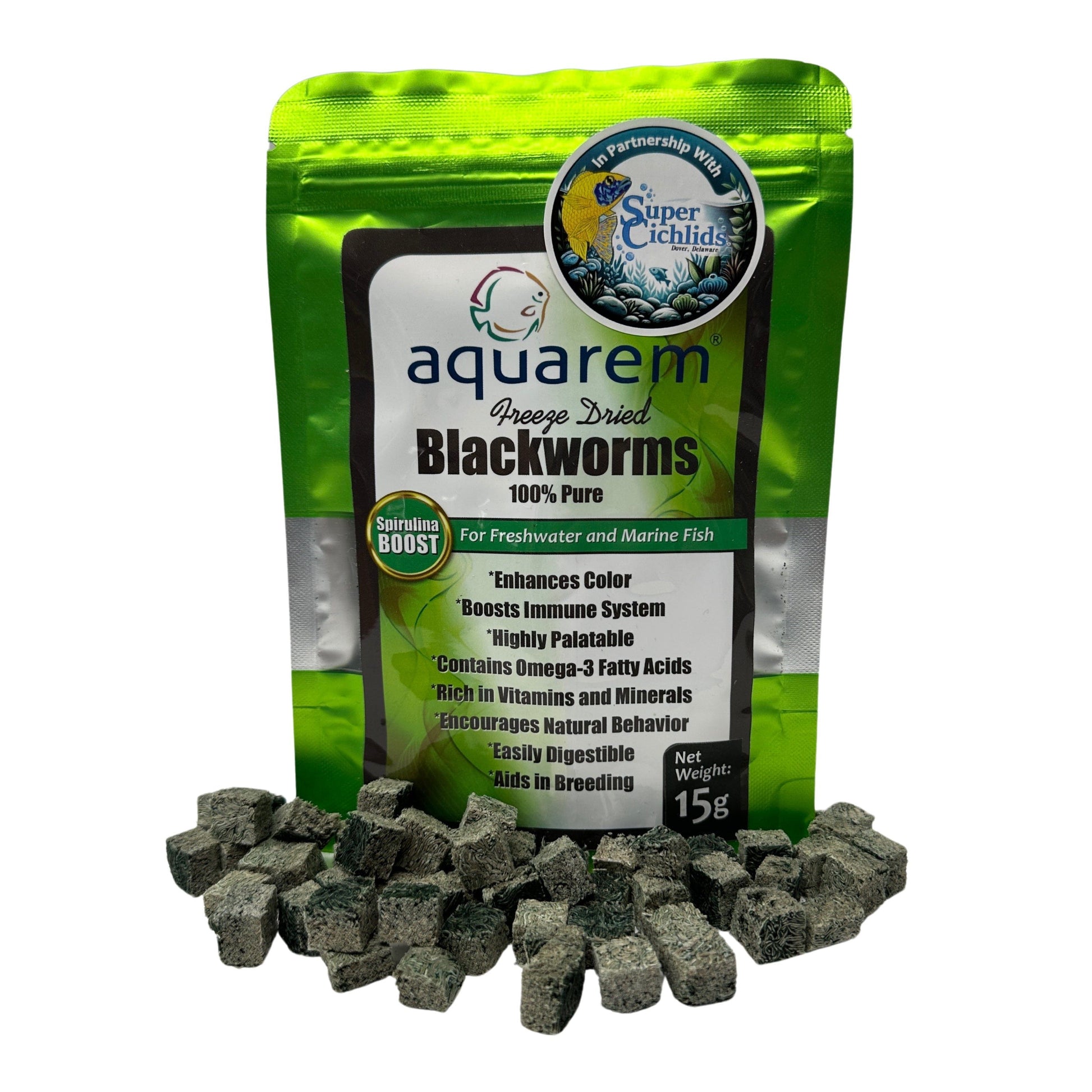 Premium Freeze Dried Blackworms | Super Cichlids Spirulina Boost (15g) Super Cichlids